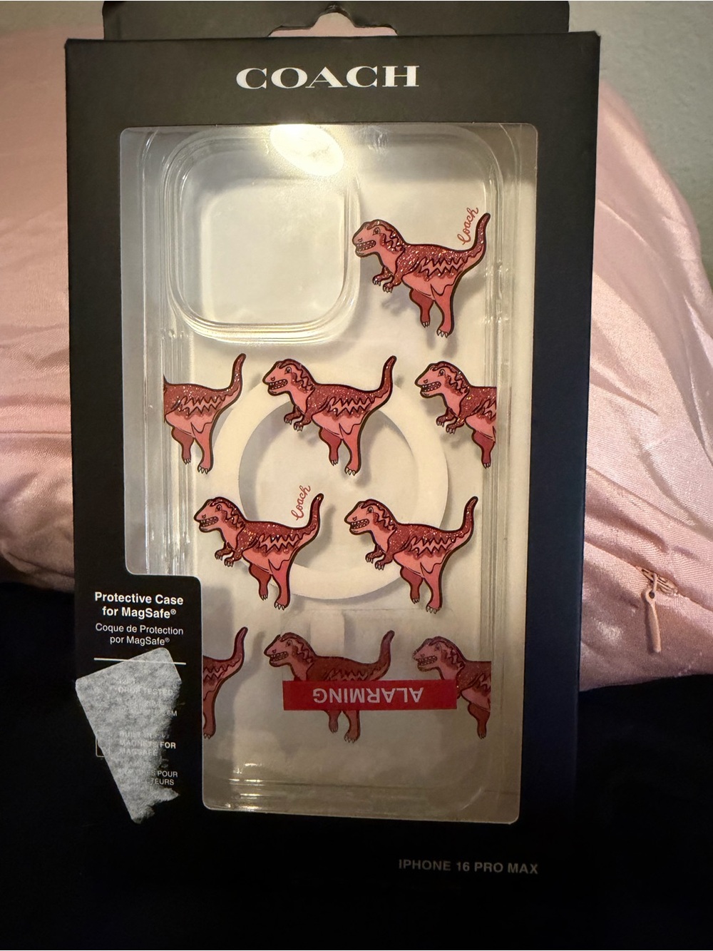 Coach Clear MagSafe iPhone Case with Pink Dinosaur Motif